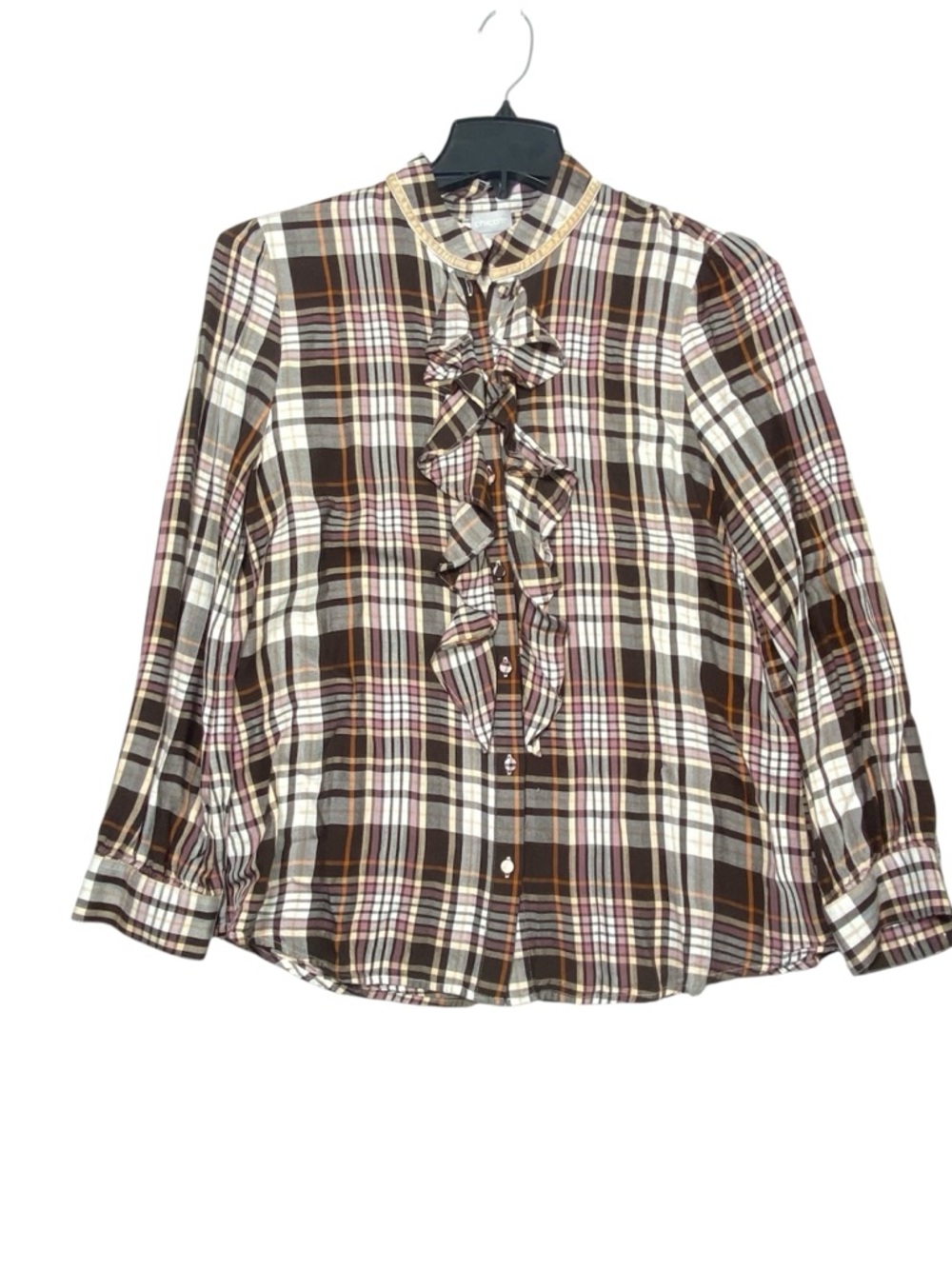 Chico's Front Ruffled Plaid Blouse Womens 1 (U.S. 8/10) Earthy Color Button Down